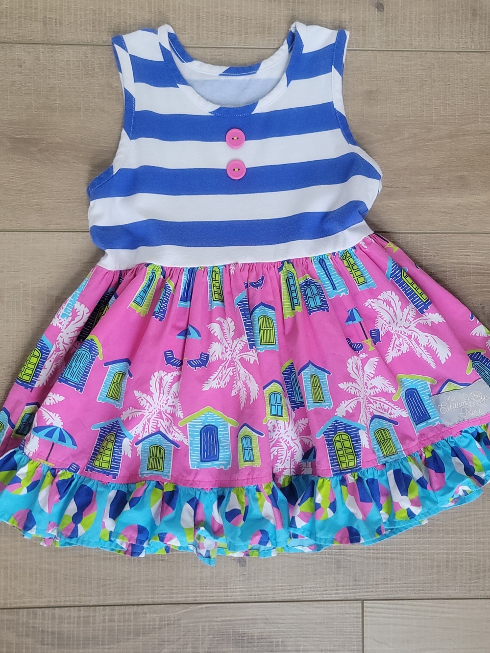 Eleanor Rose Beach Shack Story Print Ruffle Play Dress Pink Stripe 5-6